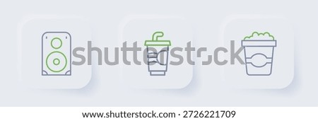 Set line Popcorn in cardboard box, Paper glass with water and Stereo speaker icon. Vector