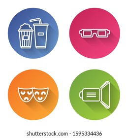 Set line Popcorn and soda drink glass, 3D cinema glasses , Comedy and tragedy theatrical masks  and Movie spotlight . Color circle button. Vector