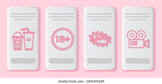 Set line Popcorn and soda drink glass, Under 18 years, Bang boom text speech bubble balloon  and Cinema camera . White rectangle button. Vector