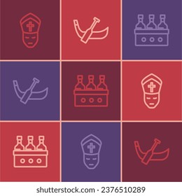 Set line Pope, Bottles of wine and Gondola boat icon. Vector