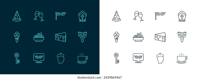 Set line Pope hat, Carnival mask, Cheese, French man, Pasta spaghetti, Slice of pizza and Wine glass icon. Vector