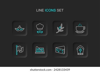 Set line Pope hat, Cheese, Coliseum, Flag Italy, Coffee cup, Olives branch, Italian cook and Carnival mask icon. Vector