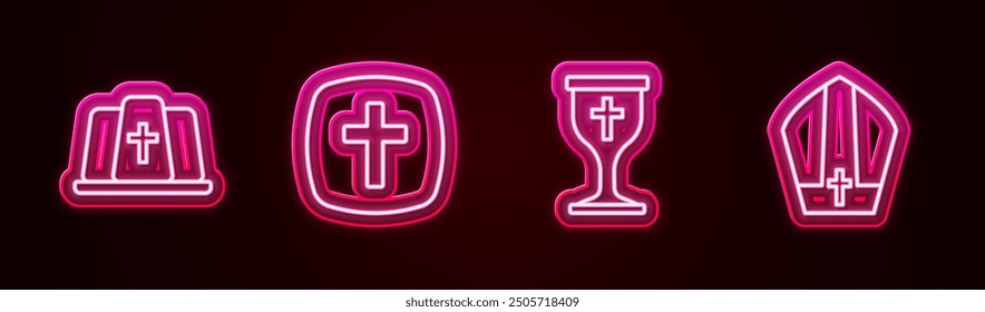 Set line Pope hat, Christian cross, chalice and . Glowing neon icon. Vector