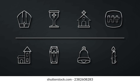 Set line Pope hat, Church building, Christian cross, bell, Coffin, chalice, Burning candle and  icon. Vector