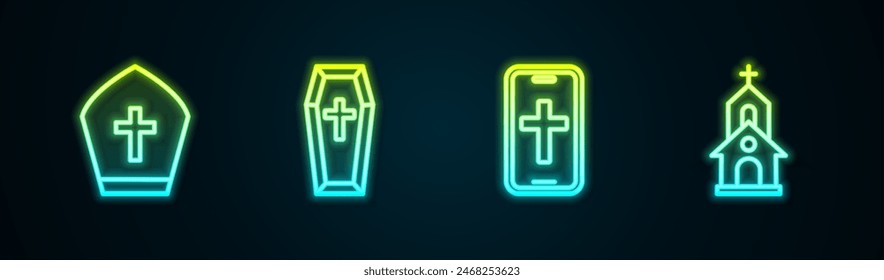 Set line Pope hat, Coffin, Christian cross on phone and Church building. Glowing neon icon. Vector