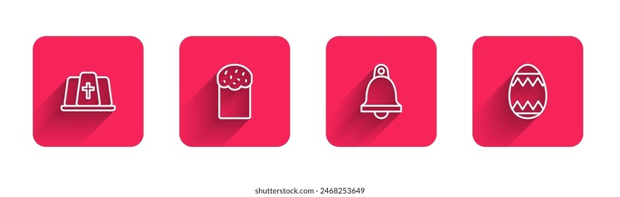 Set line Pope hat, Easter cake, Church bell and egg with long shadow. Red square button. Vector