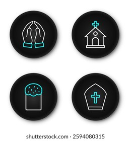 Set line Pope hat, Easter cake, Church building and Hands praying position icon. Vector