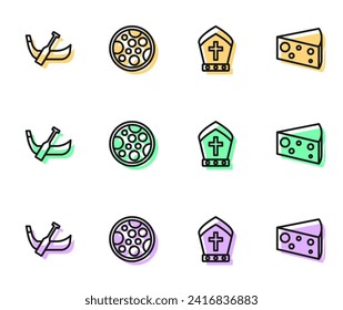 Set line Pope hat, Gondola boat, Pizza and Cheese icon. Vector