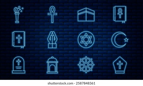 Set line Pope hat, Star and crescent, Kaaba mosque, Hands in praying position, Holy bible book, Aspergillum, of David and Cross ankh icon. Vector