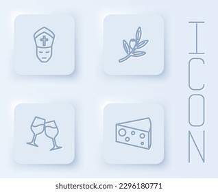 Set line Pope, Olives branch, Wine glass and Cheese. White square button. Vector