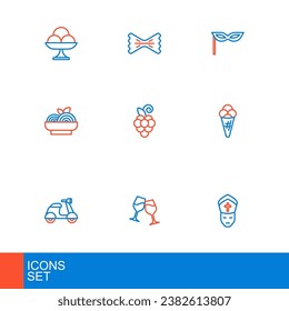 Set line Pope, Wine glass, Scooter, Ice cream waffle, Pasta spaghetti, Grape fruit, Carnival mask and Macaroni icon. Vector