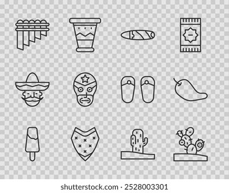 Set line Popsicle ice cream, Cactus, Cigar, Poncho, Pan flute, Mexican wrestler,  and Hot chili pepper pod icon. Vector