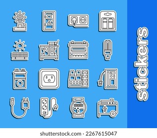 Set line Portable power electric generator, Battery, LED light bulb, Electrical outlet, Diesel, Solar energy panel and sun, Wind turbine and Car battery icon. Vector