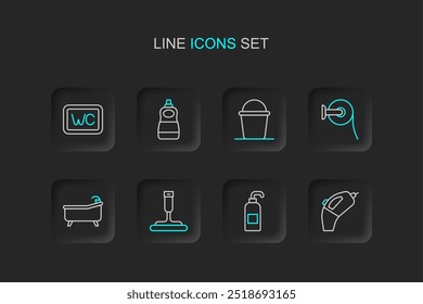 Aspiradora portátil, jabón antibacteriano, goma para ventanas, bañera, rollo de papel higiénico, cubo, botella de líquido para lavar platos e icono. Vector