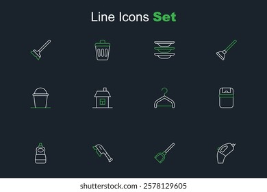 Set line Portable vacuum cleaner, Dustpan, Brush for cleaning, Dishwashing liquid bottle, Trash can, Hanger wardrobe, House and Bucket icon. Vector