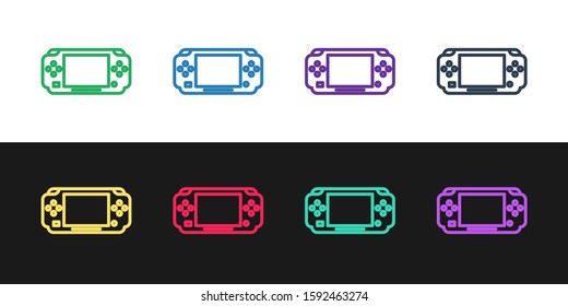Set line Portable video game console icon isolated on black and white background. Gamepad sign. Gaming concept.  Vector Illustration