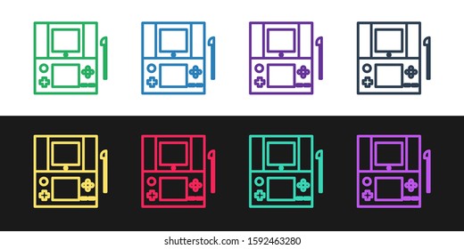 Set line Portable video game console icon isolated on black and white background. Gamepad sign. Gaming concept.  Vector Illustration
