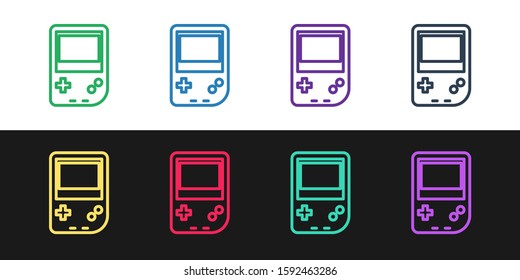 Set line Portable video game console icon isolated on black and white background. Gamepad sign. Gaming concept.  Vector Illustration