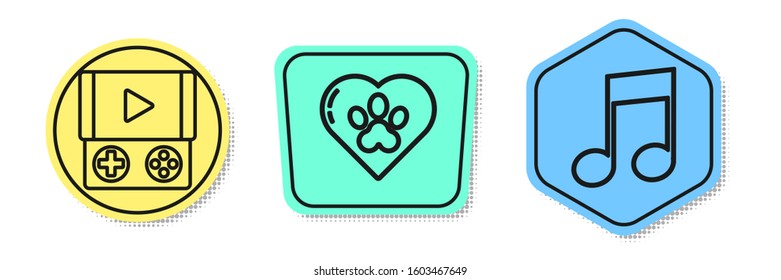 Set line Portable video game console, Heart with animals footprint and Music note, tone. Colored shapes. Vector