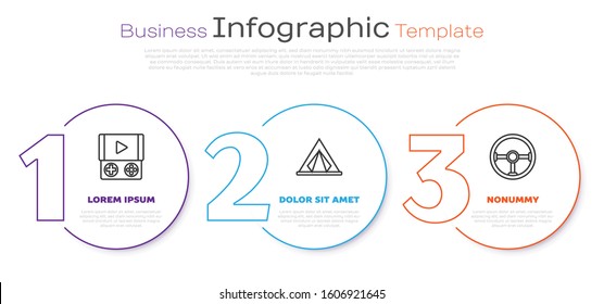 Set line Portable video game console, Tourist tent and Steering wheel. Business infographic template. Vector