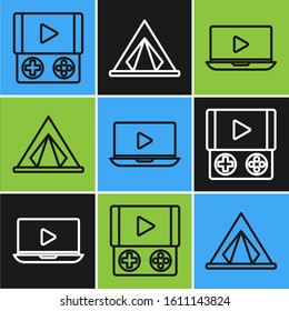 Set line Portable video game console, Online play video and Tourist tent icon. Vector
