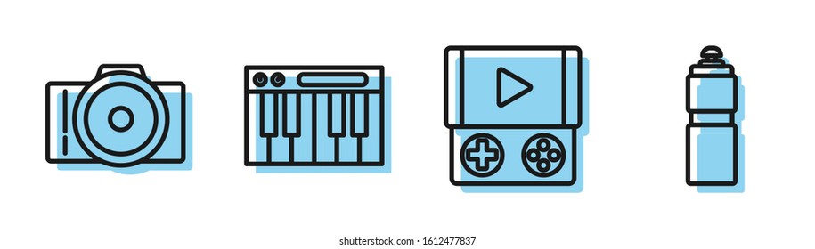 Set line Portable video game console, Photo camera, Music synthesizer and Fitness shaker icon. Vector