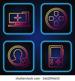 Set line Portable video game console, Premium create account screen, Computer monitor and Gamepad. Gradient color icons. Vector