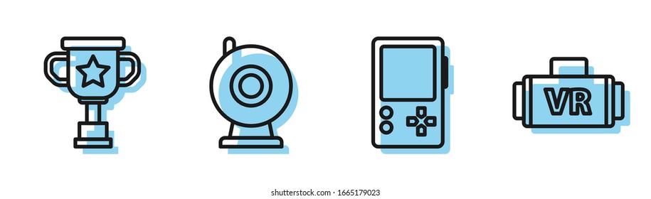 Set line Portable video game console, Award cup, Web camera and Virtual reality glasses icon. Vector