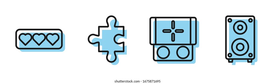 Set line Portable video game console, Like and heart, Piece of puzzle and Stereo speaker icon. Vector