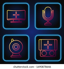Ponga en línea consola de videojuegos portátil, cámara web, monitor de ordenador y micrófono. Iconos de color degradado. Vector