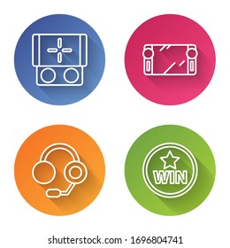 Set line Portable video game console, Portable video game console, Headphones and Medal. Color circle button. Vector
