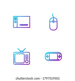 Fijar línea consola de videojuegos portátil, retro tv, tableta gráfica y ratón de ordenador. Iconos de color de degradado. Vector