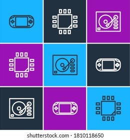 Set line Portable video game console, Vinyl player and Processor with microcircuits CPU icon. Vector