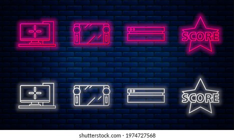 Set line Portable video game console, Video game console, Computer monitor and Star. Glowing neon icon on brick wall. Vector