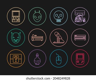 Set line Portable video game console, Video, Skull, Mask of the devil with horns, Retro arcade machine, Microphone and Alien icon. Vector