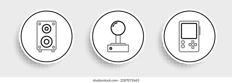 Fijar línea consola de videojuegos portátil, altavoz estéreo y Joystick para el icono de máquina de arcade. Vector