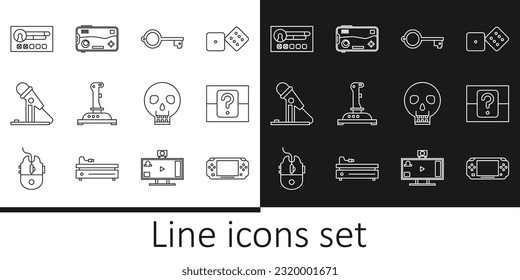 Set line Portable video game console, Mystery random box, Ancient key for, Joystick arcade machine, Microphone, Create account screen, Skull and Mobile playing icon. Vector