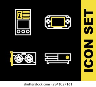 Set line Portable video game console, Video, graphic card and Create account screen icon. Vector