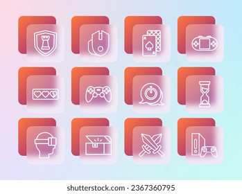 Set line Portable video game console, Chest for, Power button, Sword, Game controller joystick, Playing cards, Chess shield and Computer mouse icon. Vector