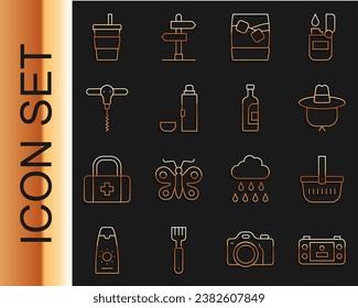 Set line Portable video game console, Picnic basket, Camping hat, Glass of whiskey with ice, Thermos container, Wine corkscrew, Paper glass water and Bottle wine icon. Vector