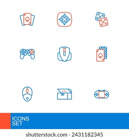 Set line Portable video game console, Chest for, Computer mouse, Playing cards, Game controller joystick, dice and Target sport icon. Vector