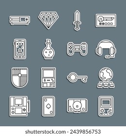 Set line Portable video game console, Computer network, Headphones, Sword for, Bottle with magic elixir, Mobile and playing in, Video and Gamepad icon. Vector