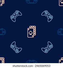 Set line Portable video game console, Game controller joystick and Playing cards on seamless pattern. Vector