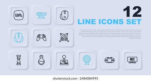 Set line Portable video game console, Computer monitor, Game controller joystick, rating with medal, mouse, Bottle magic elixir, Web camera and Joystick for arcade machine icon. Vector
