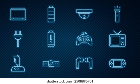 Set line Portable video game console, Retro tv, Motion sensor, Battery charge level indicator, Electric plug, Laptop, Wireless gamepad and  icon. Vector
