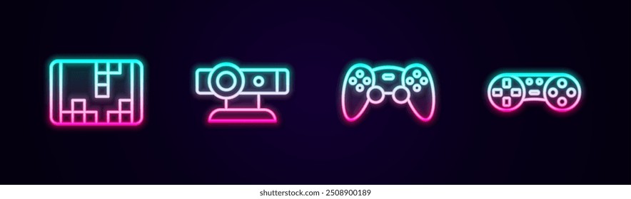 Set line Portable video game console, Web camera, Game controller joystick and . Glowing neon icon. Vector