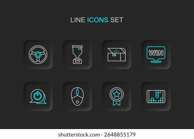 Set line Portable video game console, Game rating with medal, Computer mouse, Power button, Medal, Chest for, Award cup and Racing simulator icon. Vector