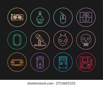 Set line Portable video game console, Skull, Computer mouse, Microphone, Poker, Video graphic card, Alien and Bottle with magic elixir icon. Vector