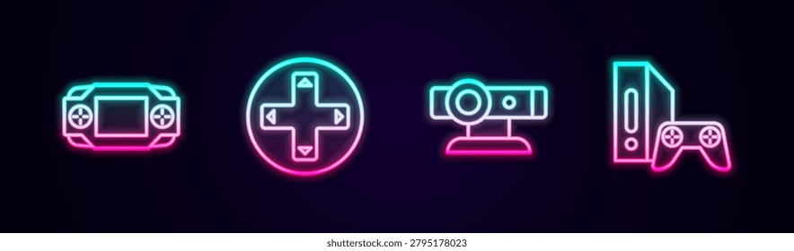 Set line Portable video game console, Game controller joystick, Web camera and with. Glowing neon icon. Vector