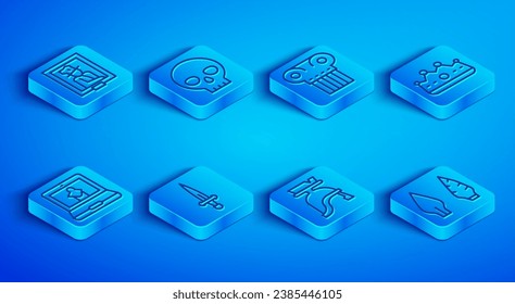 Set line Portrait in museum, Human skull, Ancient column, Dagger, Roman army helmet, King crown, Online and Stone age arrow head icon. Vector